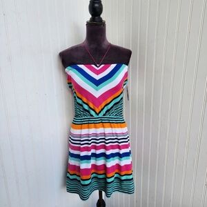 NWT Derek Heart Dress Women’s Colorful Pink White Stripped Sundress Tie Straps L